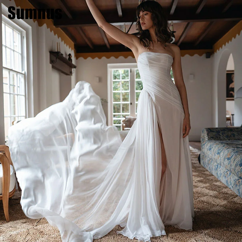 

Sumnus Simple A-Line Wedding Dresses Strapless Side Slit Pleats Bridal Gowns Chiffon Floor Length Bride Dress Customized