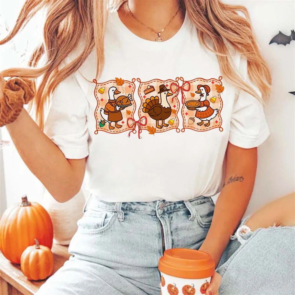 

Trendy Style Women's Printed Pattern Casual Cute Goose Print Autumn Top Women's Sweet and Versatile Clothing White T-Shirt