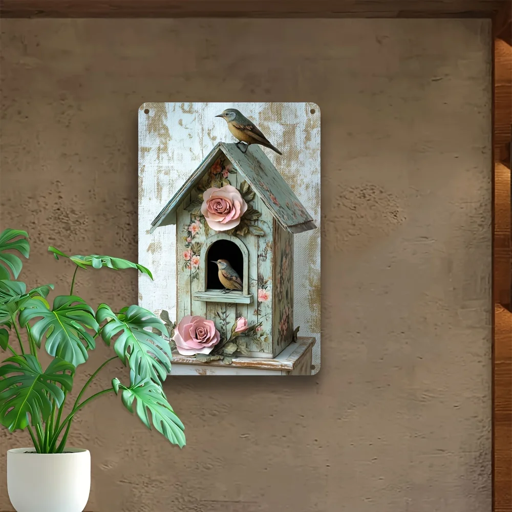 Ilustraciones de pared de casa de pájaros antigua, placa decorativa de Metal para casa de pájaros con flores, decoración rústica para el hogar, decoración de jardín, construcción de hierro