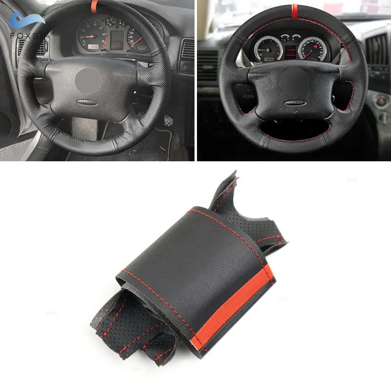 ل VW Golf 4 IV MK4 باسات B5 1998 1999 2000 2001 2002 2003 2004 سيارة الداخلية عجلة القيادة أغطية جلد أسود مع شريط أحمر #1