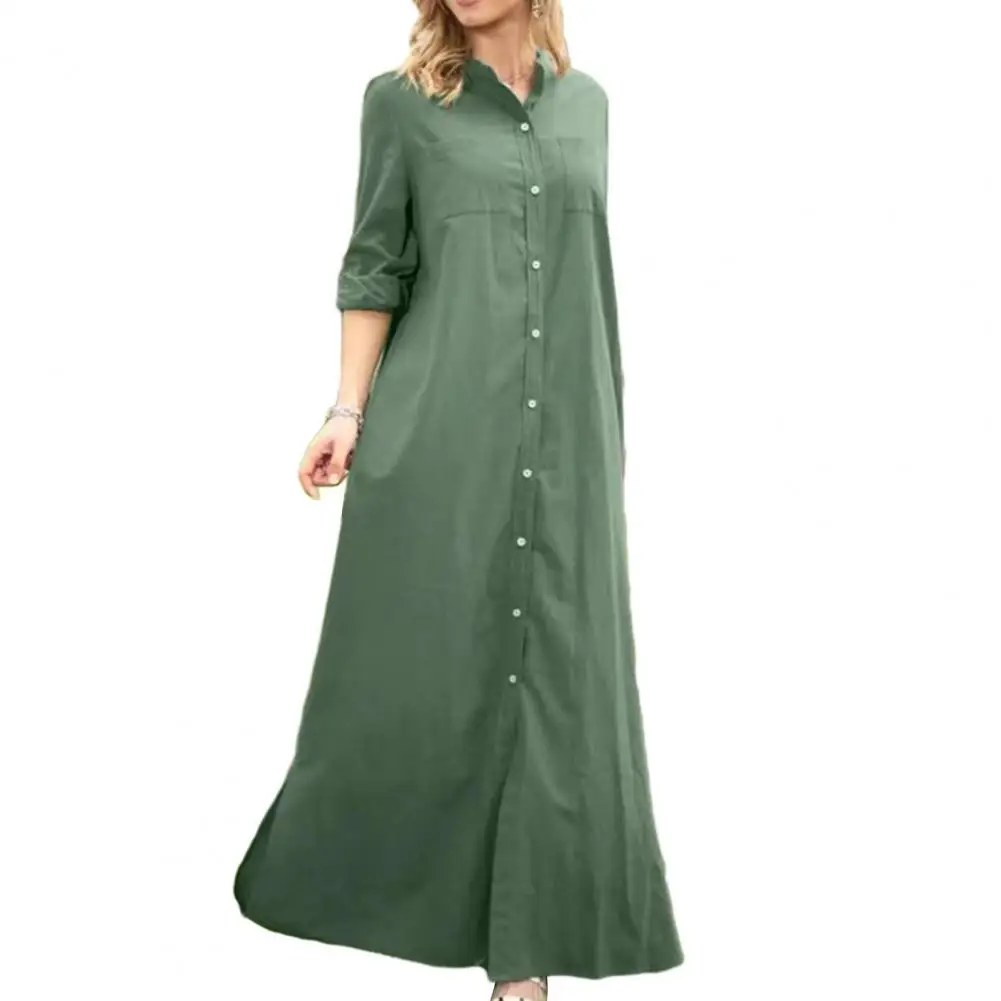 

Stand Collar Loose Dress Breathable Maxi Dresses for Women Elegant Single-breasted Split Hem Dress vestidos para mujer