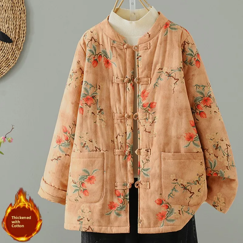 

Large Size Cotton Jaet Women's Sle New Chinese National Floral Print Loose Fit Stand Collar Button down Thiened Winter ...
