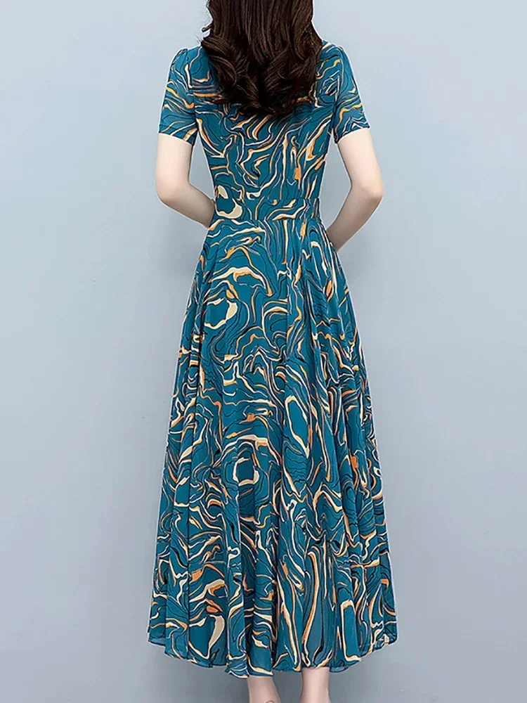 Vestido Midi de manga corta con estampado azul para mujer, traje elegante e informal para vacaciones, estilo coreano ceñido al cuerpo para fiesta y noche, L182