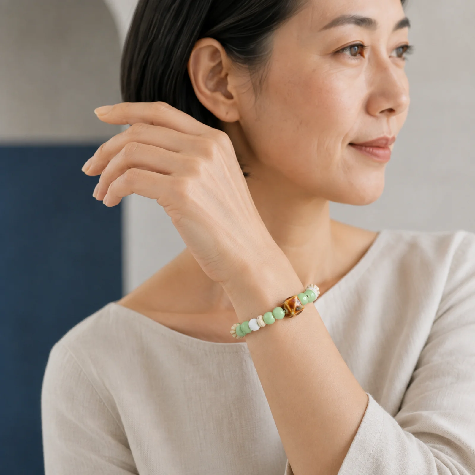 Handmade Ceramic Bead Bracelet with Acrylic Square Bead and Handwoven Stretch Cord Forest Style Jewelry 608P17-06