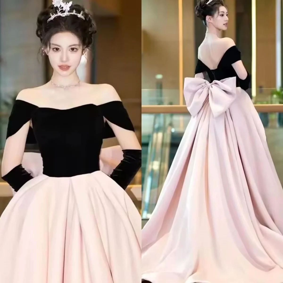 ชุดแต่งงานทรงเอไลน์สีตัดกันหรูหราแบบสั่งตัดพิเศษ แขนสั้นเปิดไหล่ แต่งโบว์ พร้อมชายกระโปรงยาว