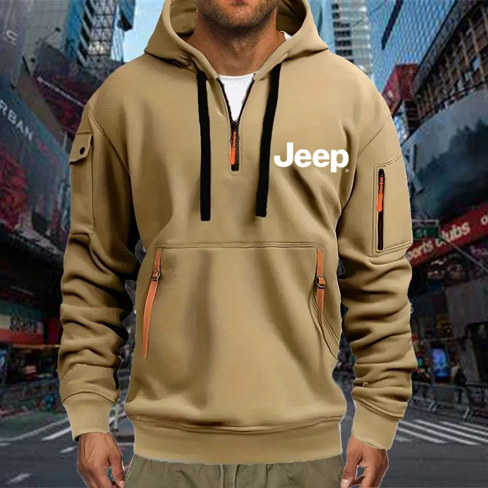 Jeep versatile high-quality men's fleece hoodie with multiple pockets and zippers, suitable for spring and autumn, casual and fa