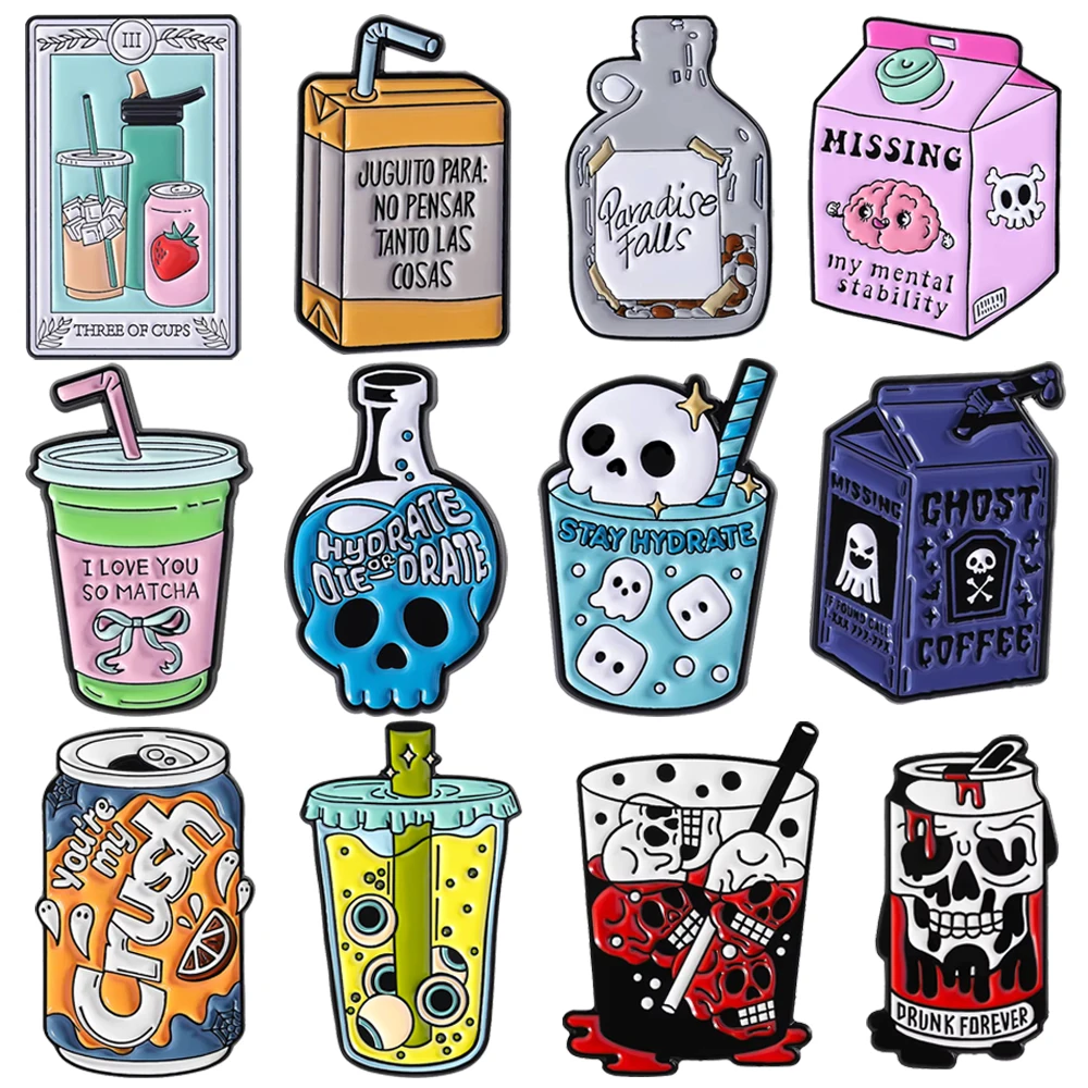 Alfileres esmaltados para bebidas de sangre, ojos de dientes de Halloween, dibujos animados, trituración, fresa naranja, lata, calavera, hielo, Punmkin, broche de leche fantasma, alfileres de solapa