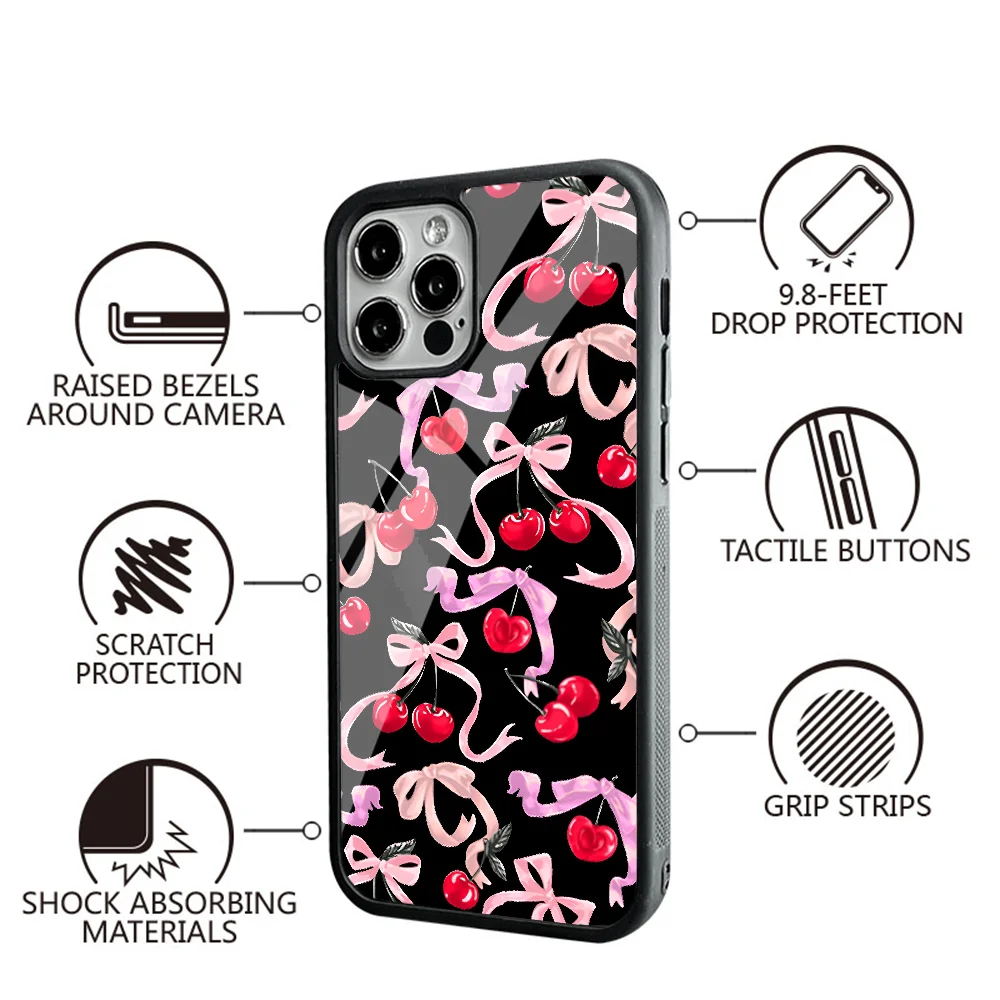 Black Cherry Ribbon Phone Case For IPhone 11 12 13 14 15 Plus Pro Max Mirror Acrylic PC TPU Cover