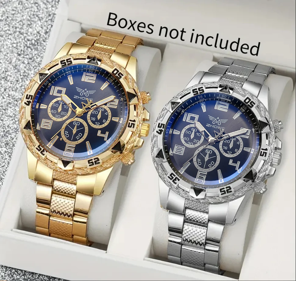 2 pcs sets Fashionable Men's Watches Stainless Steel Quartz Wristwatch Gift For Fathers, Husbands, Or Boyfriends.