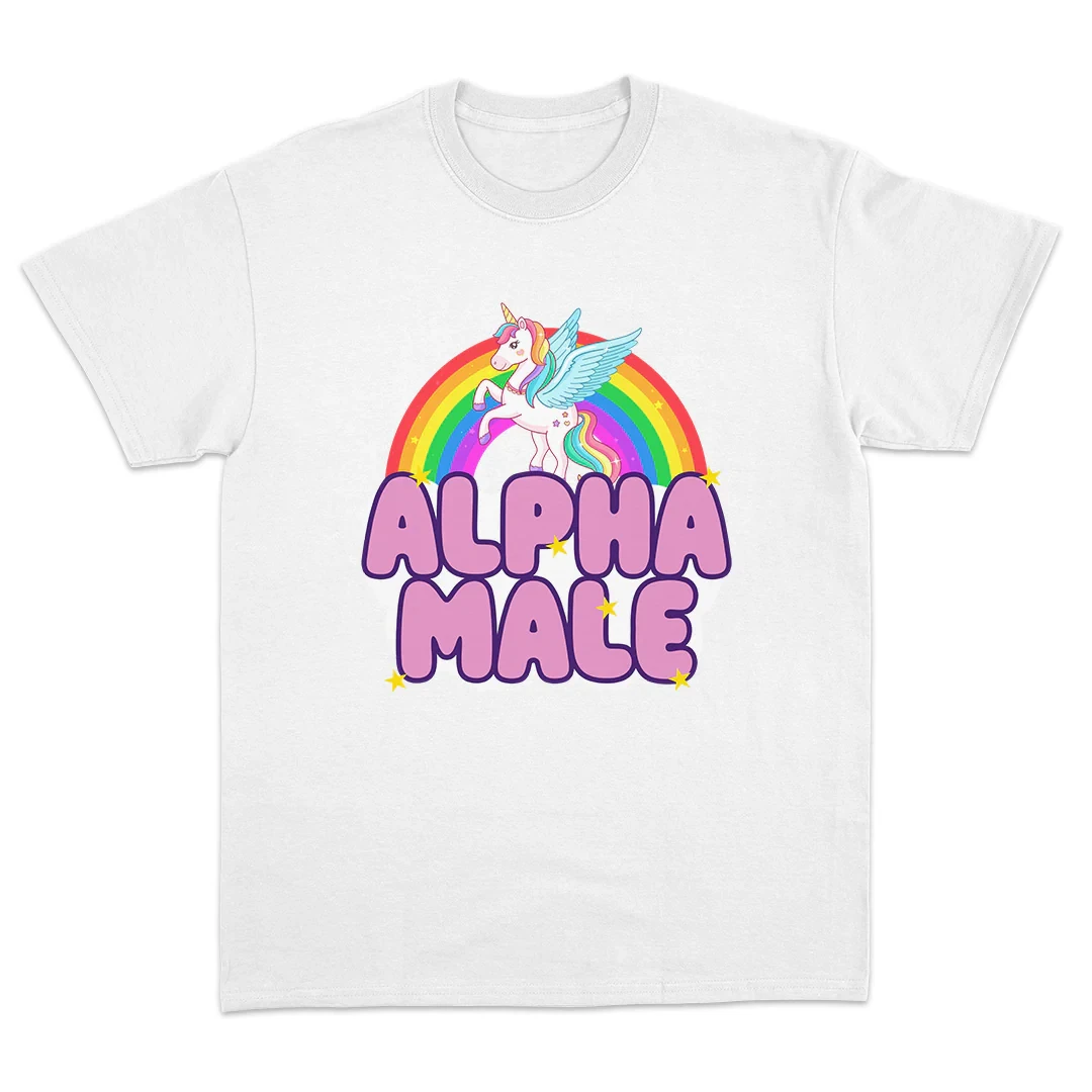 Alpha Male Funny Unicorn Rainbow Meme T Shirt Men Women Cute Kawaii Graphic Print Cotton Short Sleeve O Neck Streetwear Casual