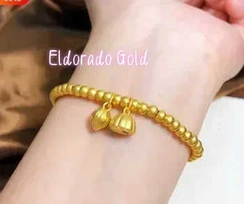 

Eldorado Gold 100% pure gold 24k bracelets for women 999 yellow gold beads charms bracelet 4mm beads gold lotus hand string