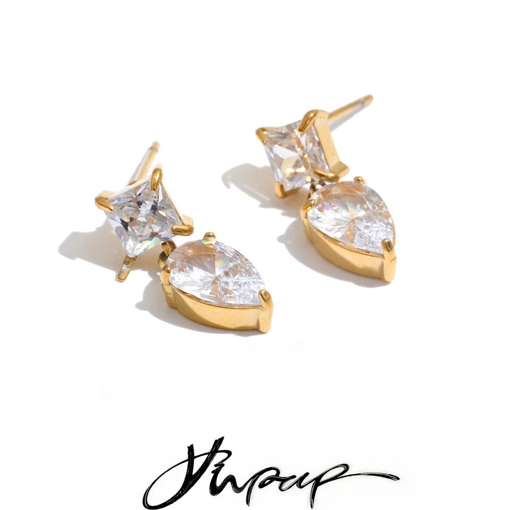 Yhpup Stainless Steel CZ Drop Earrings Square Teardrop Cubic Zirconia Delicate Daily Trending Jewelry Recommend