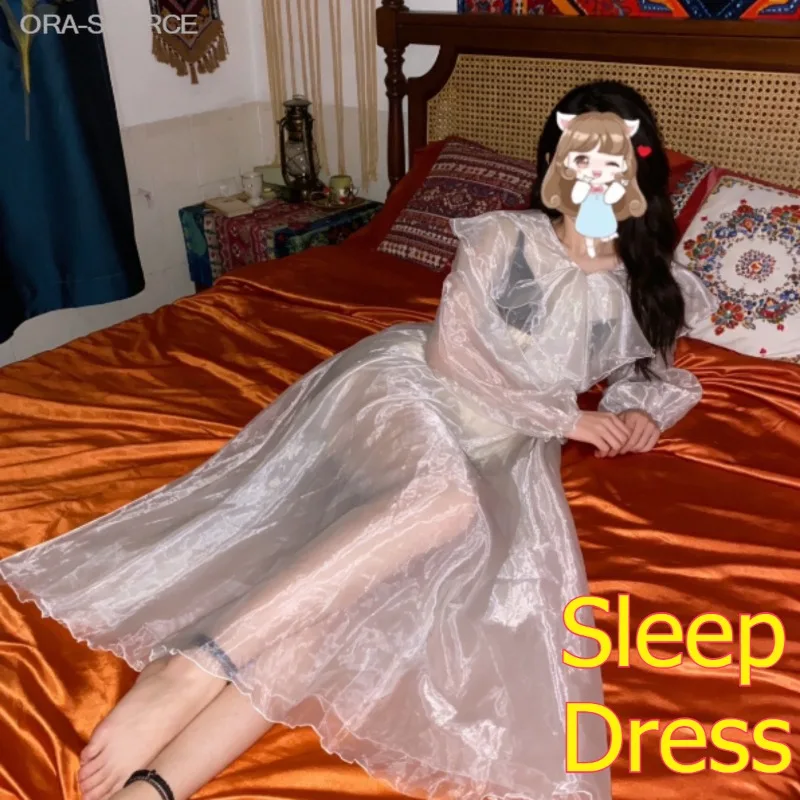 Lightweight Breathable Sexy Sheer Organza Silky Nightgown Big Ruffle Collar Elastic Waist Sweet Fairy Unisex Sleep Dress Adult