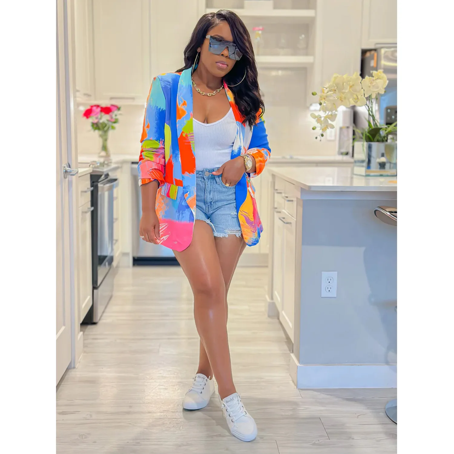 Women Graffiti Long Sleeve Open Front Blazers Jackets 2023 Casual Colorful Printed Lapel Collar Top Classic Office Blazers Suit