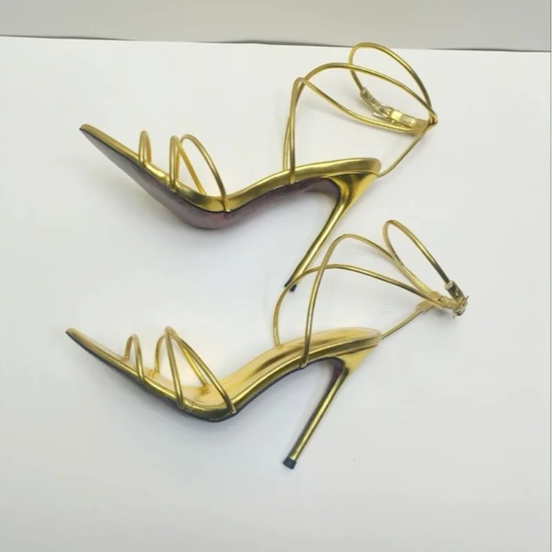 New 12cm Golden High Heels with Pointed Straight Strap and Thin Heel Sandals, Sexy Outerwear, Open Toed Half Slippers