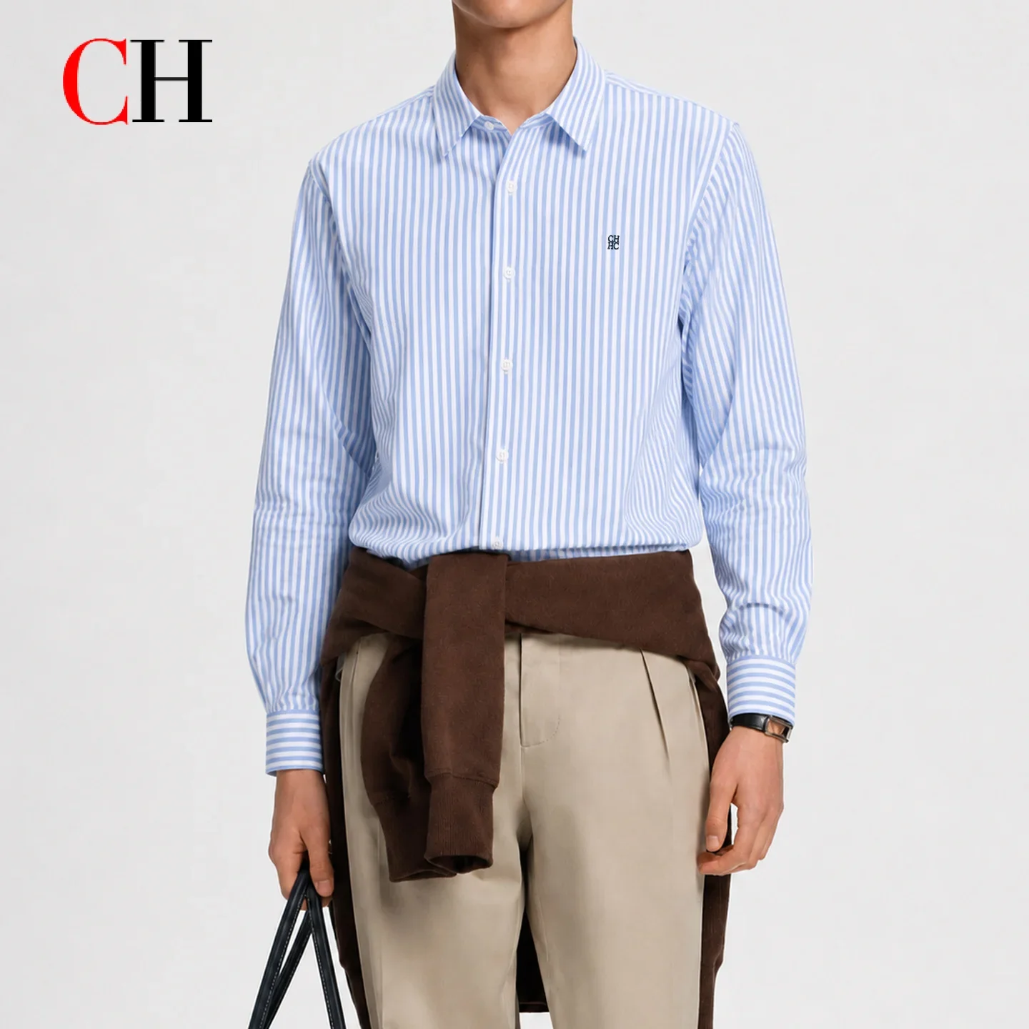 CH Mens Button Collar Dark Tiny Logo Embroidery Curved Hem Long Sleeve Shirt Office Formal Daily Top