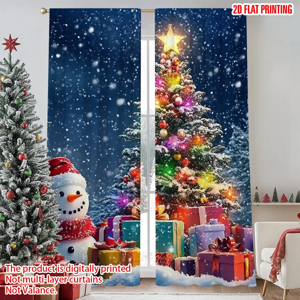 

2pcs 2D flat printing Merry Christmas Curtains Colorful Christmas trees and snowmen in the snow Durable 100% Polyester Fabric