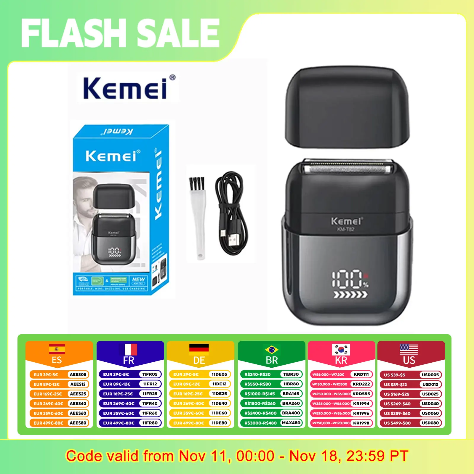 

Kemei KM-T82 Usb Reciprocating Electric Shaver Washable Digital Display Professional Electric Portable Travel beard trimmer