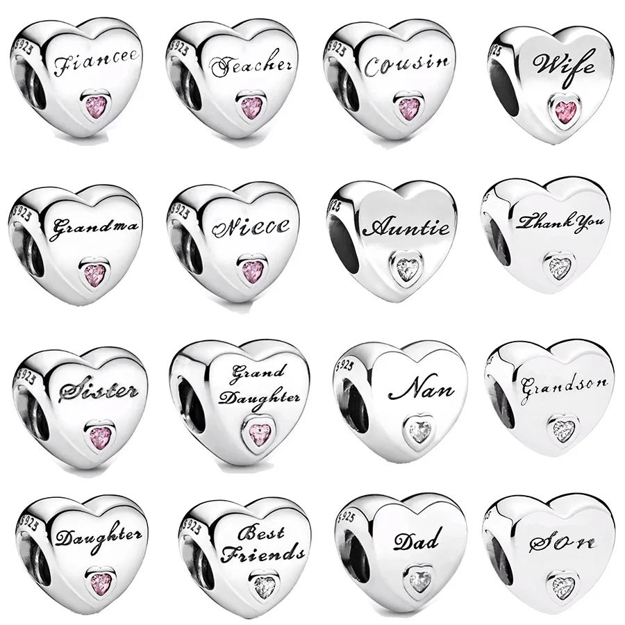 Hot Sale Sister Brother Grandma Mom Dad Family Heart Series Charm Bead Fit Original Silver 925 Pandora Bracelet DIY Jewelry Gift