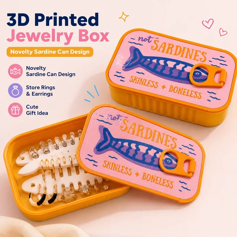 2026 NEW Sardine Tin Jewelry Box, Cute Fish Pattern Earring Ring Storage Organizer, 3D Printed Novelty Gift for Her