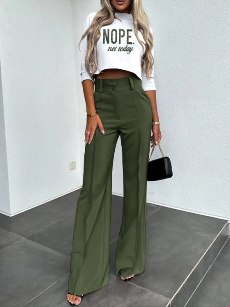 Casual Long Sleeve Shirt Pants Set Office Lady Spring Autumn Fashion Solid O-neck Tops Trousers Two Piece Set Women Outfit 2023