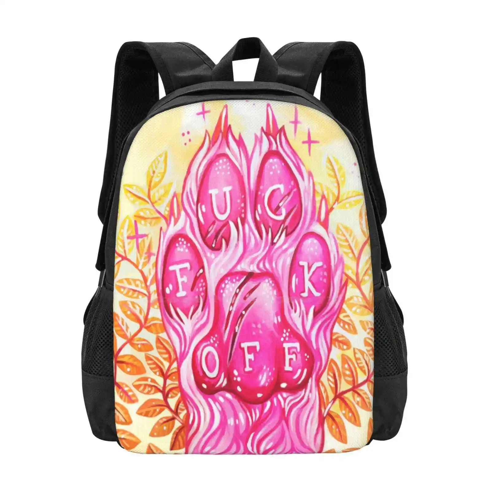 F**K Off Paw Hot Sale Schoolbag Backpack Fashion Bags Swearing Pawprint Pawpad Paws Claws Scars Cute Leaves Golden Orange