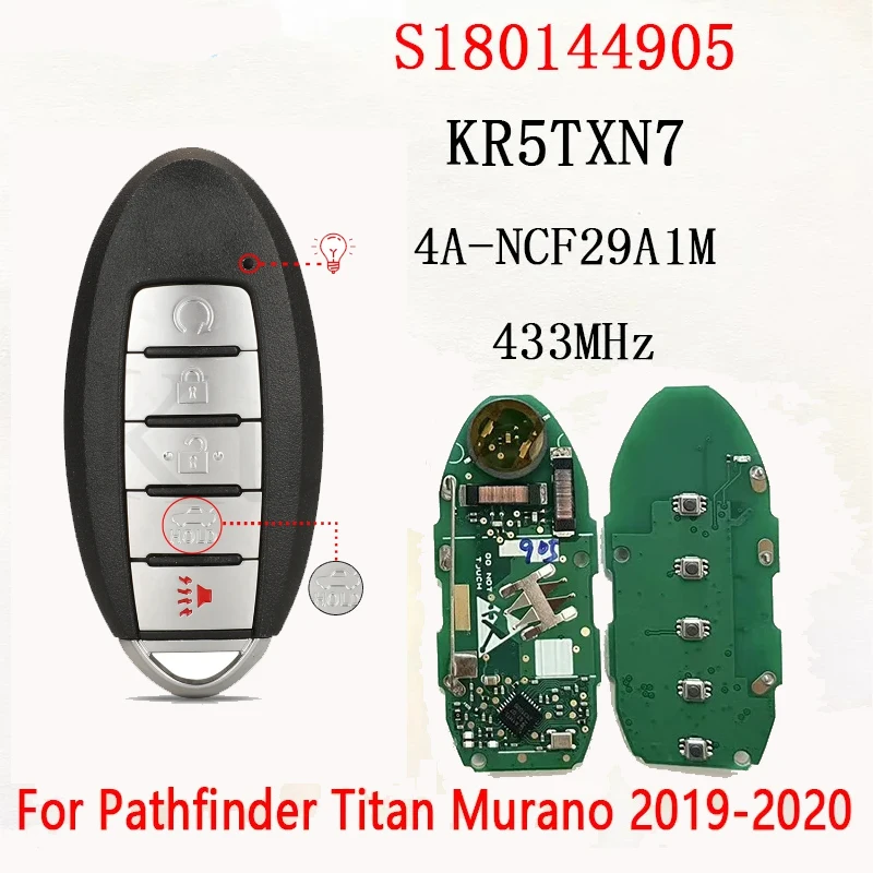 

For S180144905 5Buttons KR5TXN7 Proximity Smart Key Fob 433MHz Original 4A Chip For Nissan Pathfinder Titan Murano 2019 2020