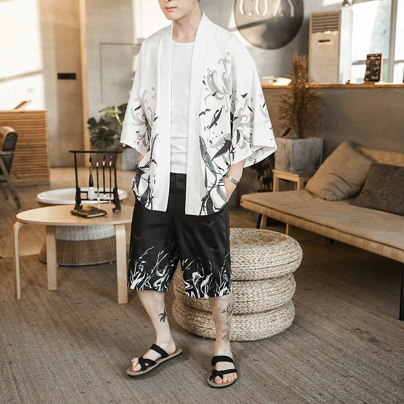 

Men Japanese Tracksuit Men Summer Fashion Two Piece Set Kimono Shirt +Shorts Casual Loose Streetwear Male Clothes Men 2Piece Set