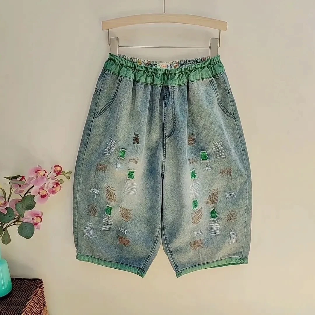 

2023 New Women Denim Shorts Summer Retro Washed Bleached Embroidery Loose Jeans Female Tide Knee-Length Harem Pants