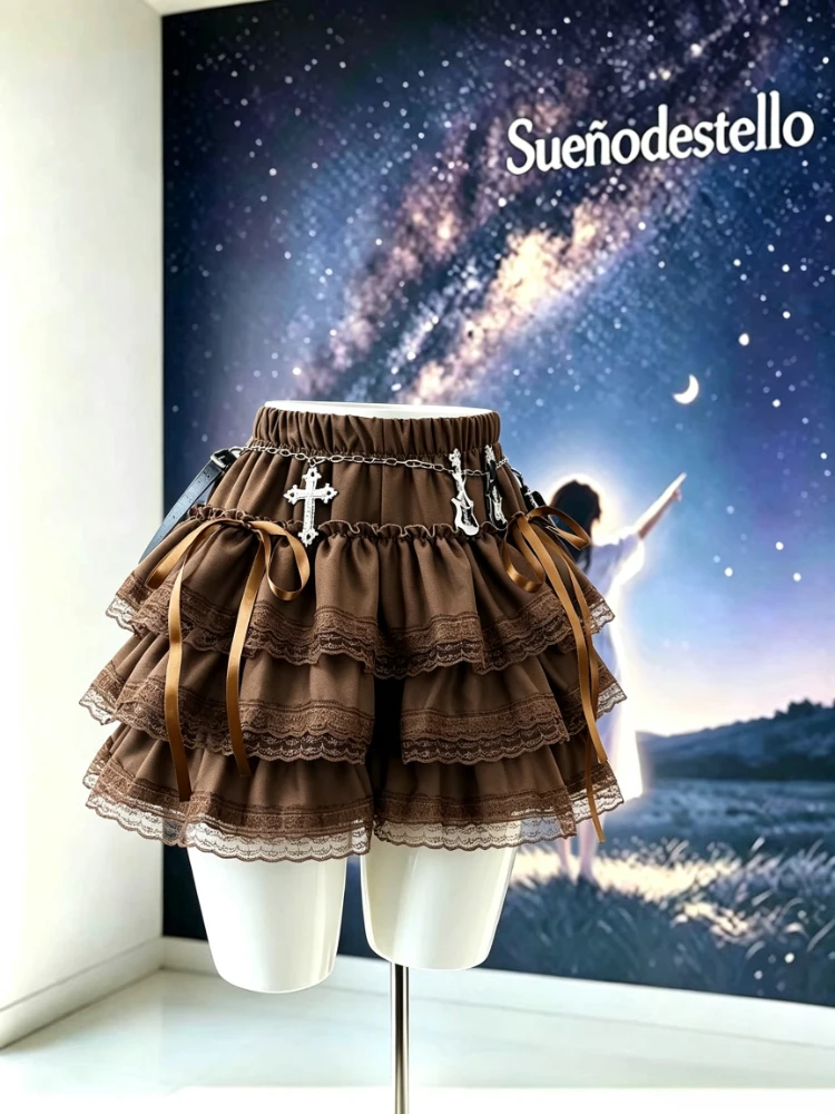 Sweet Lolita Harajuku Mini Skirt Women High Waist Brown Lace Trim Big Bow Tiered Ruffle Loose Fit Kawaii Casual Daily Outfit New