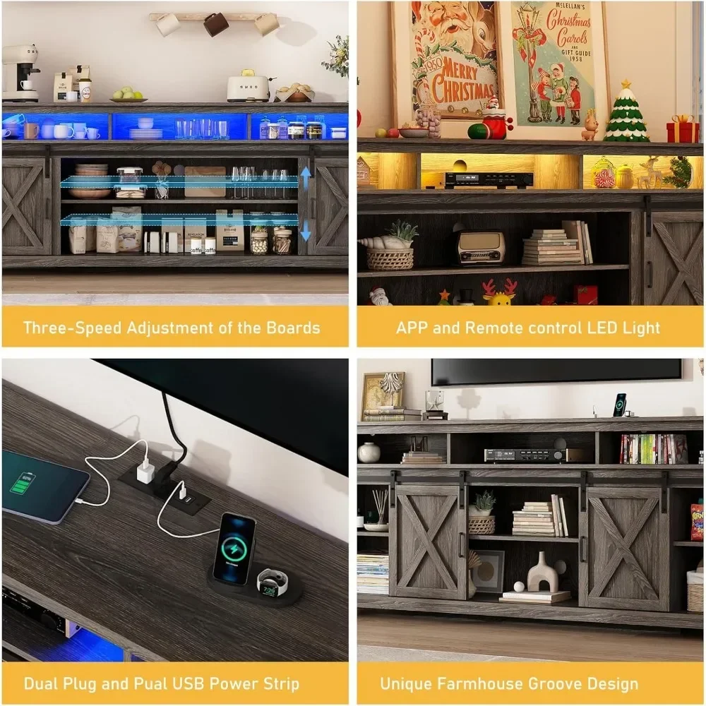 ตู้วางทีวี LED สไตล์ฟาร์มเฮาส์ ขนาด 80 นิ้ว สำหรับทีวีขนาด 90/85/80 นิ้ว, ตู้เก็บของสำหรับศูนย์รวมความบันเทิงทรงสูง พร้อมเต้ารับไฟฟ้าและบานเลื่อนแบบโรงนา