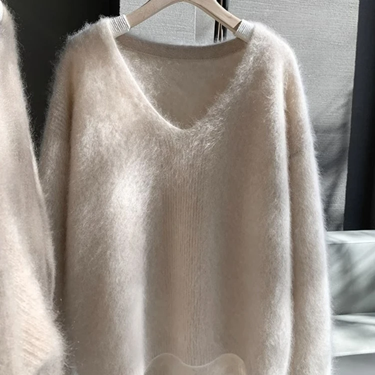 Soft Thickened Long Sleeve V-Neck Knitted Sweater Women's Autumn Winter Loose Style Faux Mink Velvet Top Comfortable Casual Wear