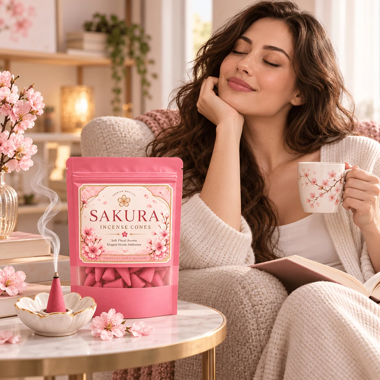 Pink Cherry Blossom Incense Cones, Home Fragrance Incense Cones, New Indoor Fragrance Aroma Bubbles, Suitable for Home Decoration, Bedrooms, Living Rooms, Indoor and Outdoor Parties and Events, Feather-Free — Suitable for All Holiday Decorative Fragrances
