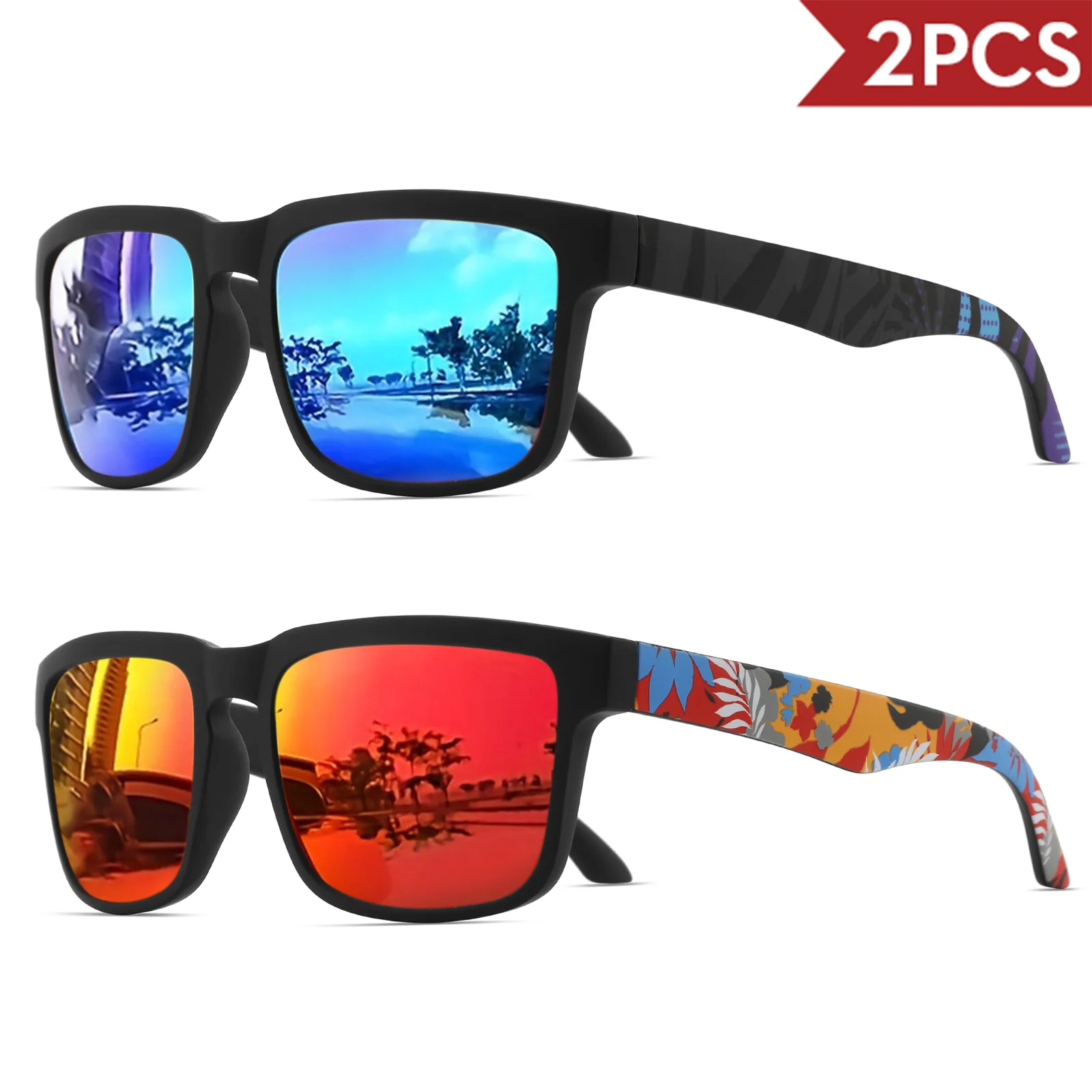 2 quadratische Sport-Sonnenbrille mit Designer-Tempelmuster – UV400 für Männer und Frauen, Strandurlaub