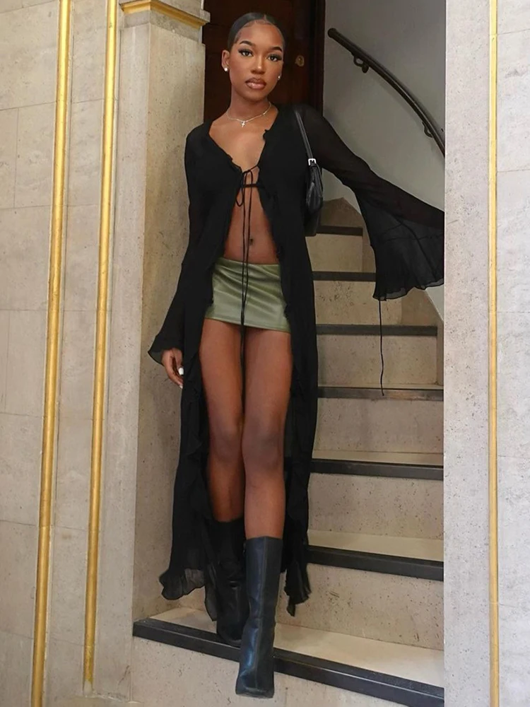 Nibber Solid Dress Women Ruffles Lace Up Summer Trend Sheer Long Sleeve Deep v-Neck Streetwear Y2K Cardigan Bodycon Clubwear