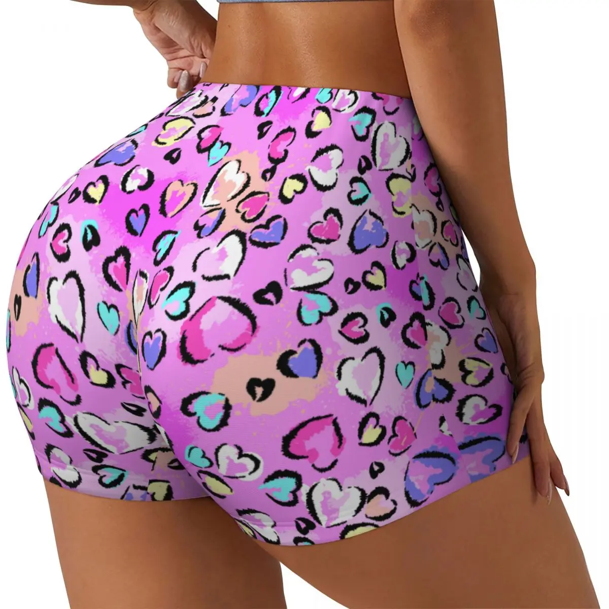 

Fashion Leopard Print With Hearts Women Workout Shorts Seamless Scrunch Butt Lifting Athletic Yoga Fitness Biker Shorts