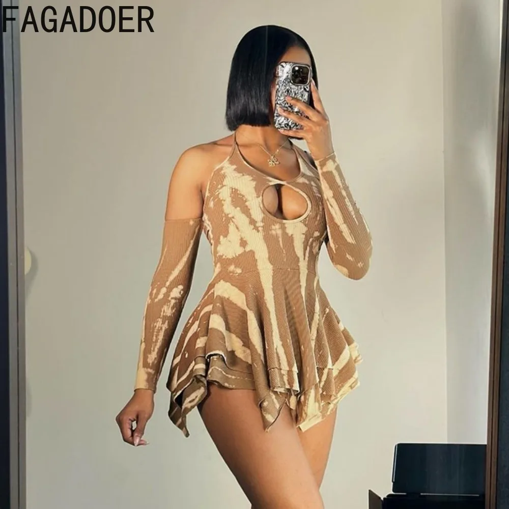 FAGADOER Khaki Sexy Printing Hollow Bodycon Irregular Mini Dresses Women Halter Off Shoulder Long Sleeve Slim Vestidos Clothing