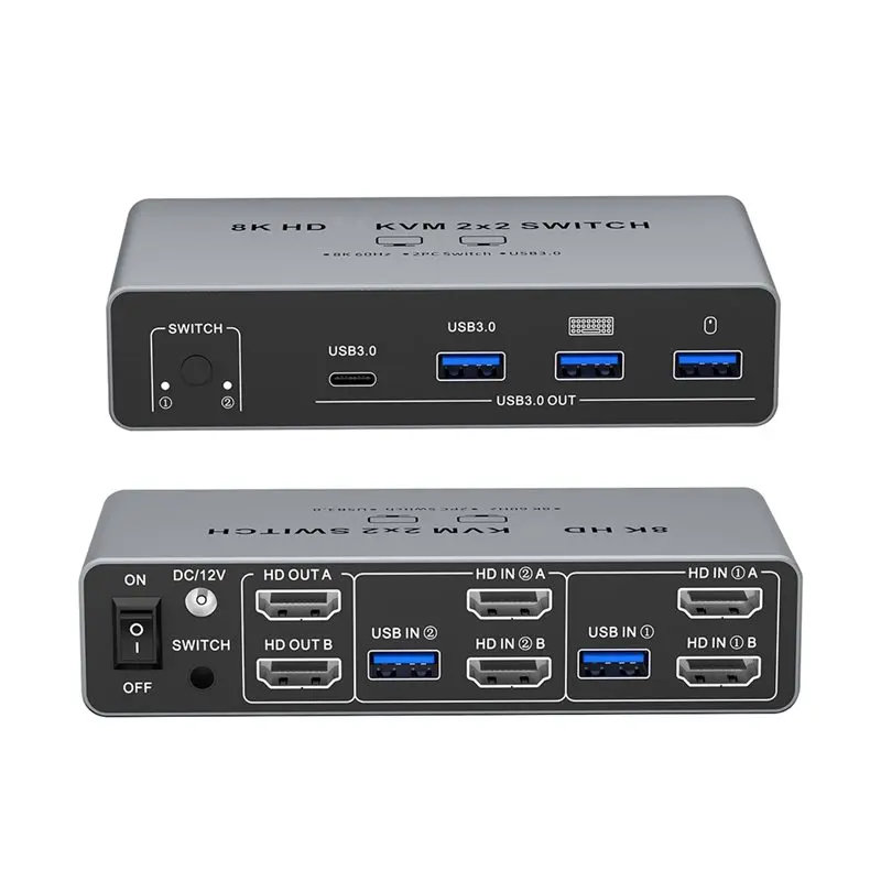 ABMF-8K -Compatible KVM 2X2 Switch Dual-Screen 2-In-2-Out Switcher For Laptop/PC Share Monitor Keyboard Mouse