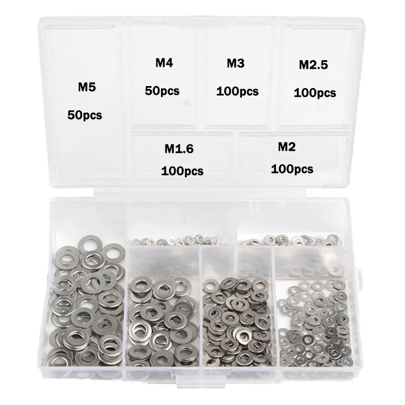 

500pcs Stainless Steel Flat Washer M1.6/M2/M2.5/M3/M4/M5 Metal Gasket Plain Washers Rings Assortment Kit