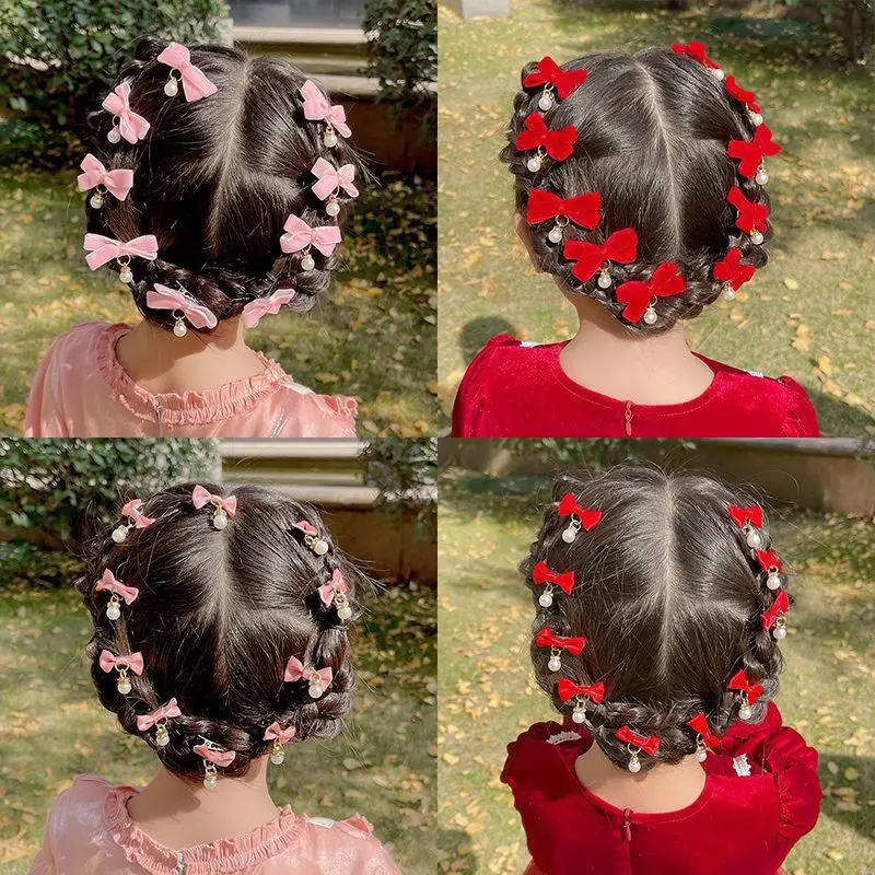 4PCS Lovely Velvet Bow Beads Baby Hairpins Kids Hair Clips Children Headwear Princess Barrette Girls Hair Accessories