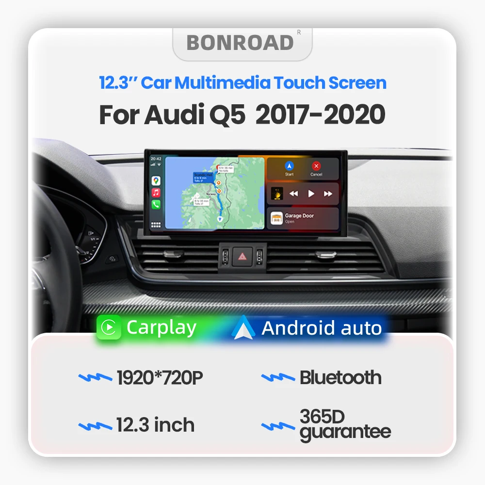 BONROAD 12.3" 1920*720P Autoradio sans fil CarPlay, lecteur multimédia, écran tactile, Android Auto pour Audi Q5 2017-2020 avec AirPlay Auto Link Bluetooth 5.0, navigation GPS