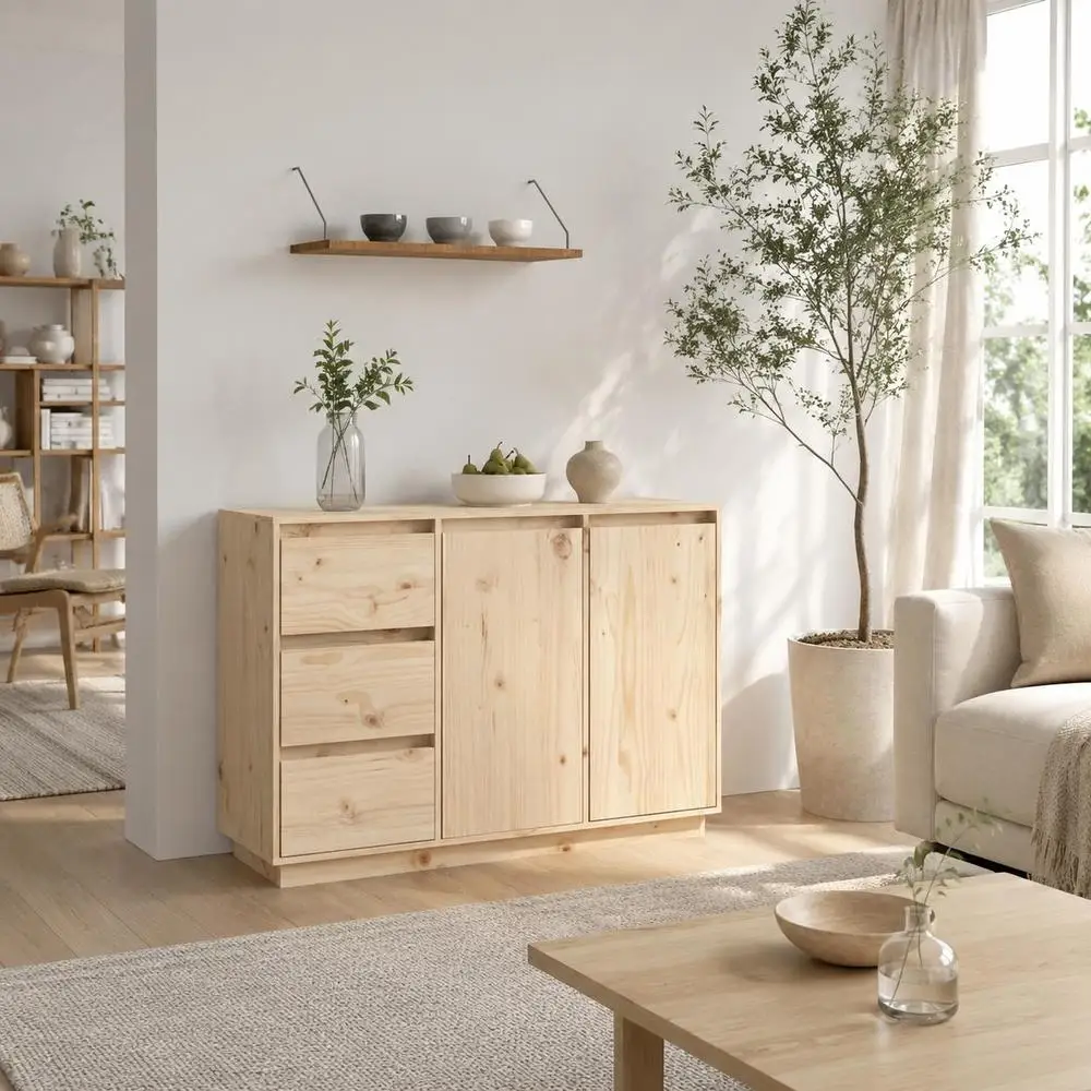 Buffet en bois de pin massif avec 2 portes et 3 tiroirs, armoire de rangement rustique pour salon et chambre, surface facile à nettoyer, finition naturelle, 111x34x75 cm