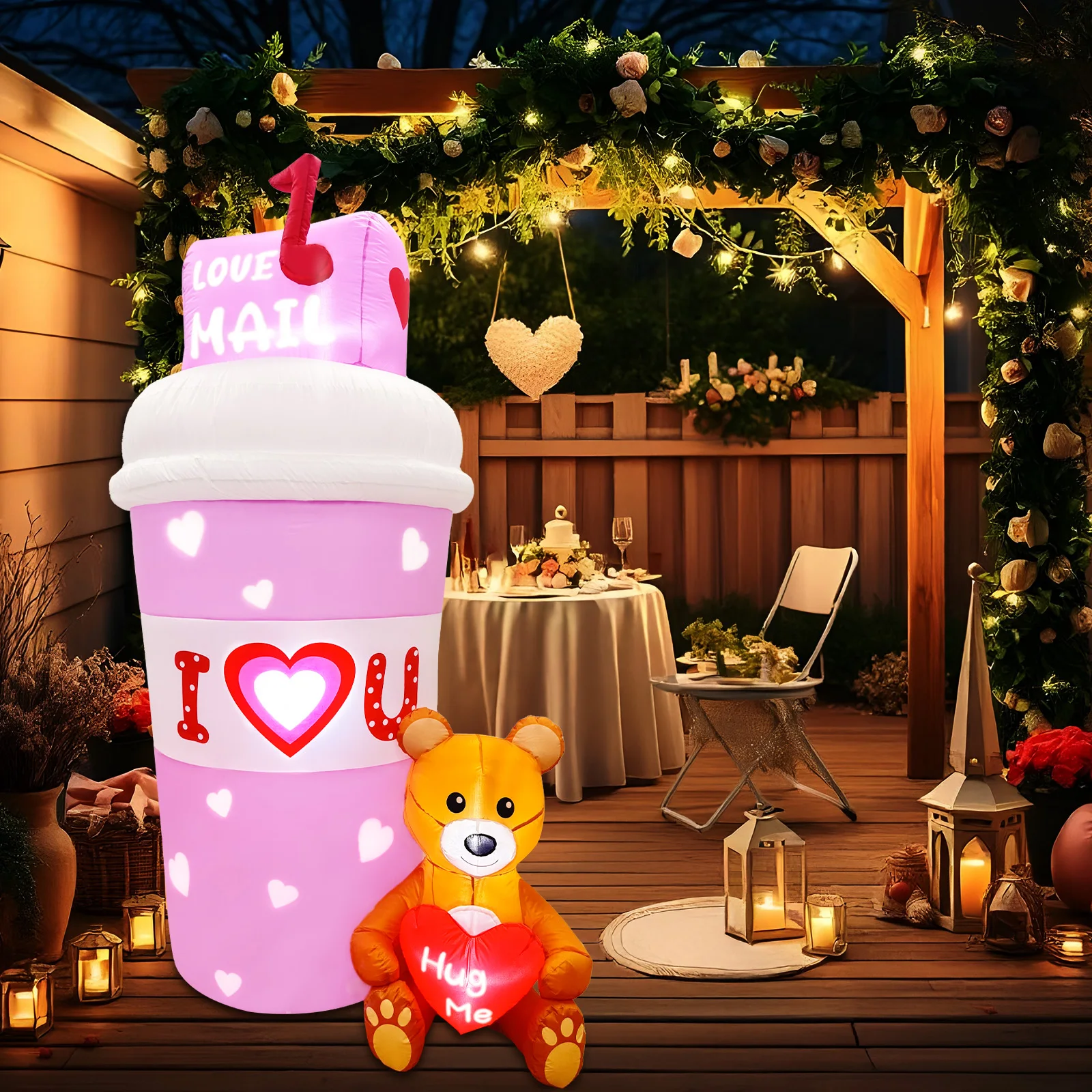 6FT  I Love U,Valentines Inflatables Mailbox Coffee Cup with Bear, Pink Valentines Decorations Inflatable, Wedding Valentines