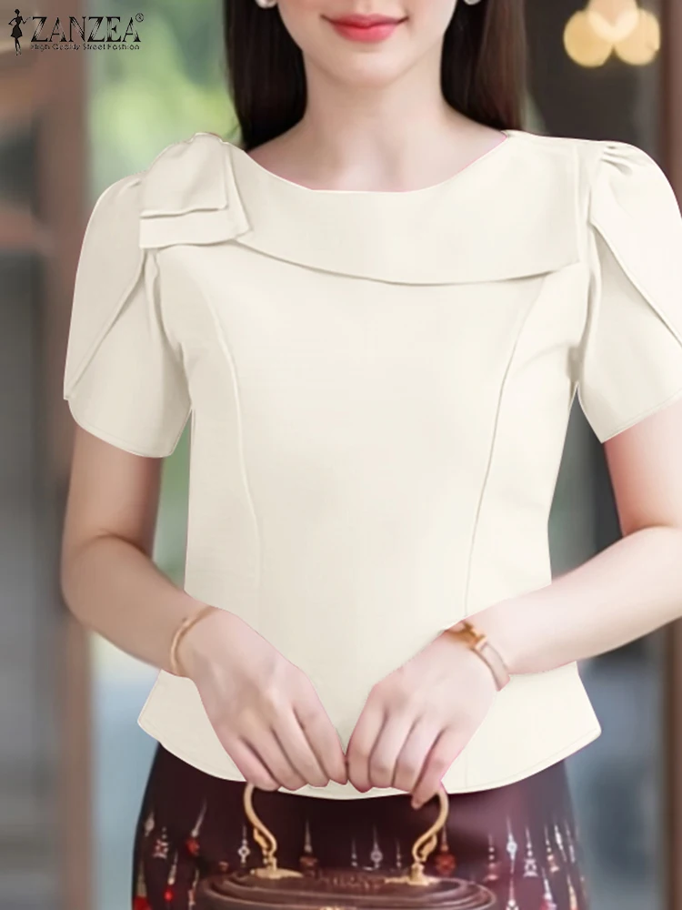 

ZANZEA Elegant Office Blouses Womens Fashion Short Petal Sleeve 2025 Summer Blusas Mujer Bow Detail Boatneck Fitted Waist Tops
