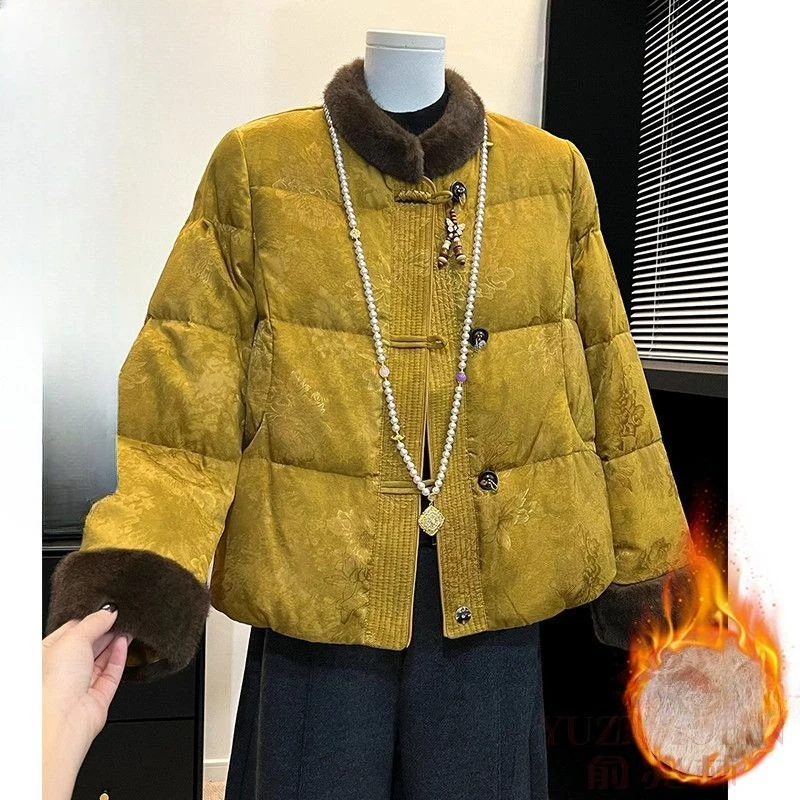 New Traditional Chinese Feather Collar Down Cotton-padded Jacket  Mothers Winter Middle-aged Women's Wear Noble Fleece Outcoat