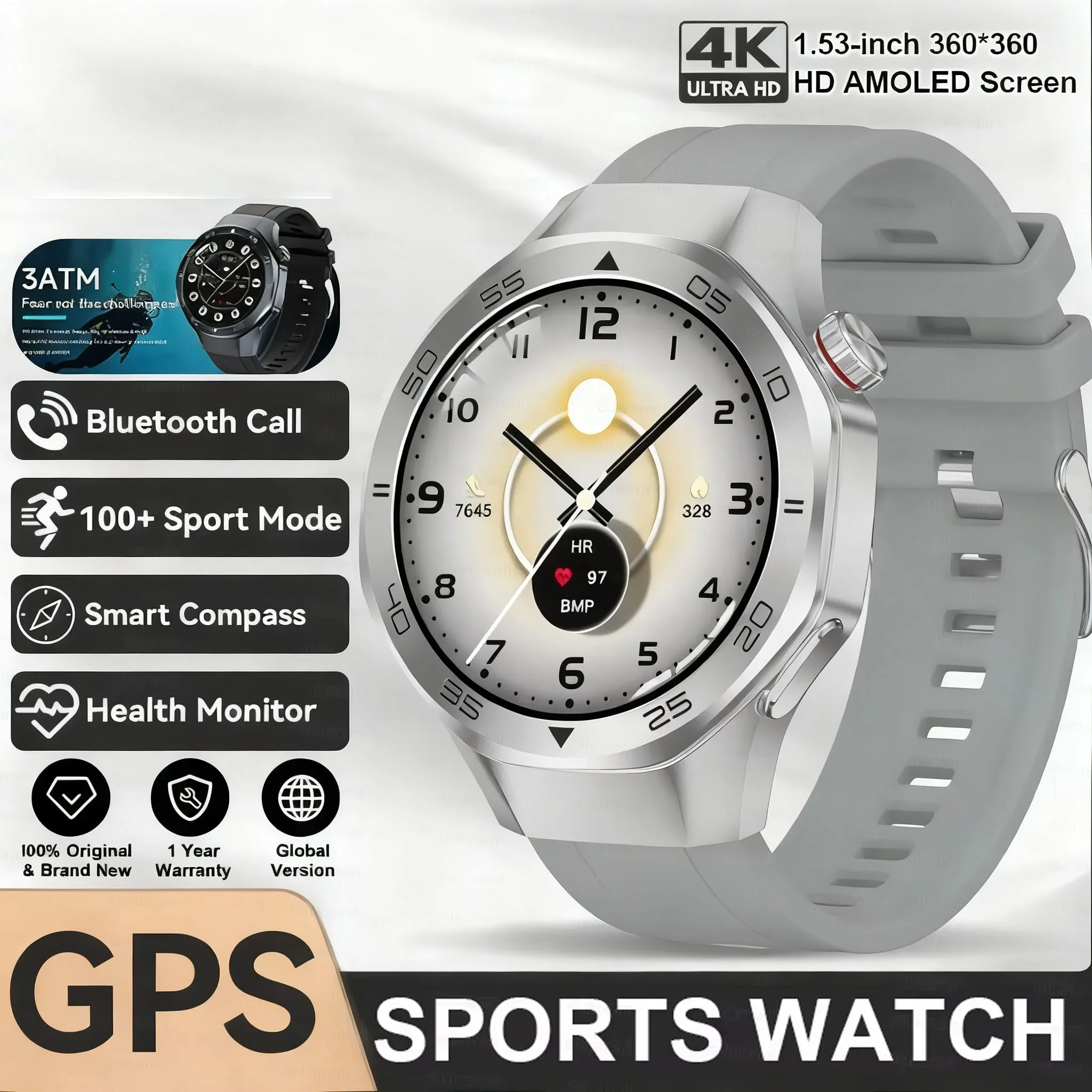 

Мужские умные часы с GPS для активного отдыха, водонепроницаемые (3ATM), с Bluetooth-звонками, HD-экраном 1.53 дюйма, компасом, пульсометром и фитнес-трекером