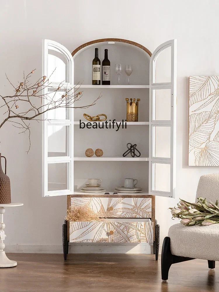 

American Wine Cabinet Display Cabinet Solid Wood Carved Vintage Wall Locker Living Room Bookcase Glass