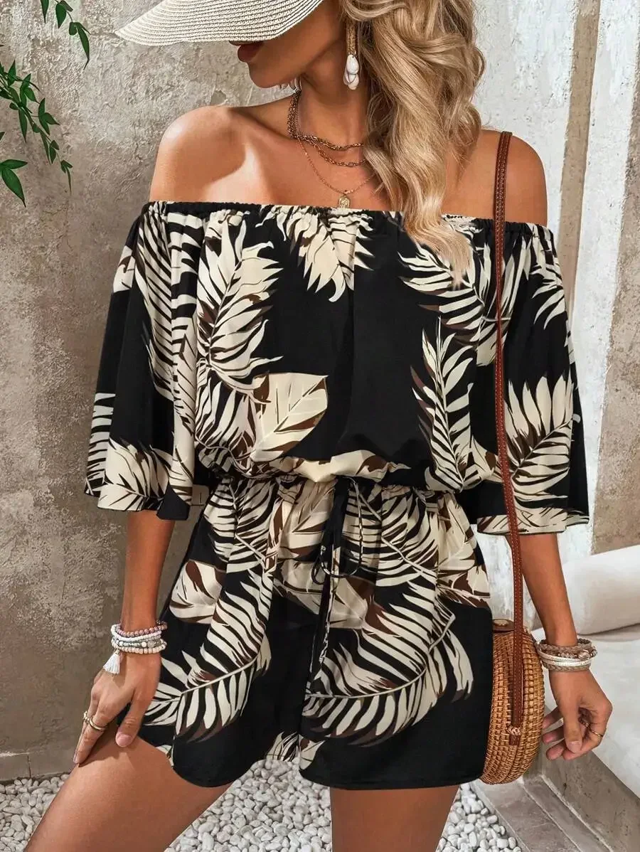 

Women Off Shoulder Flare Sleeve Loose Tropical Print Romper Shorts