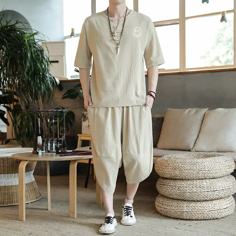 Japanese Style Suits Kimono Short-Sleeved T-shirt Pants Two Piece Men Tops Trousers Male Japan Harajuku Yukata Cardigan Costume