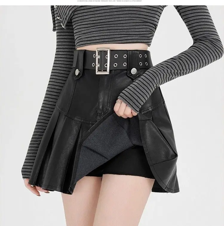 Saia de couro preto do vintage punk feminino sexy plissado grunge retro mini saia y2k gótico streetwear a linha senhoras saias